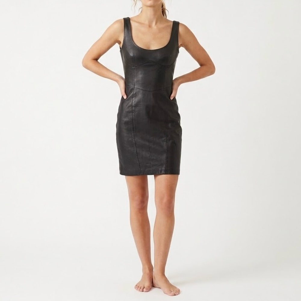 Vintage 90s Leather Bodycon Firenze Santa Barbara Black Mini Dress Tank Petite